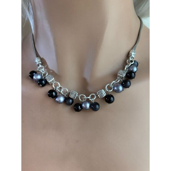 Brighton Drop Dangle Grey Black Silver Cha-Cha Beads Choker Necklace 19 in. - Picture 2 of 7